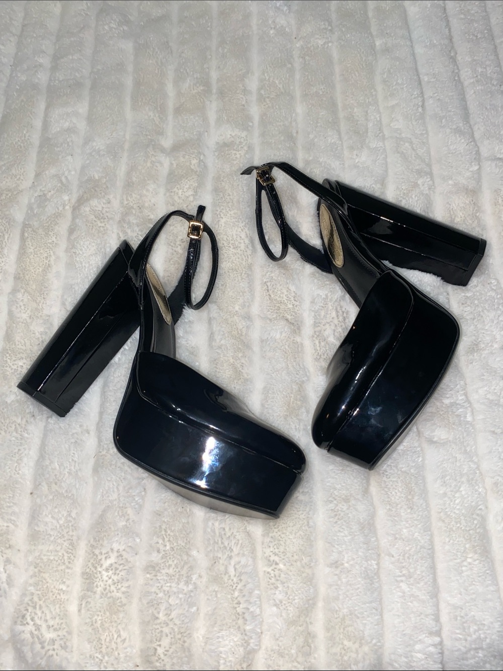 Express Black Patent Platform Block Heels with Ankle Strap